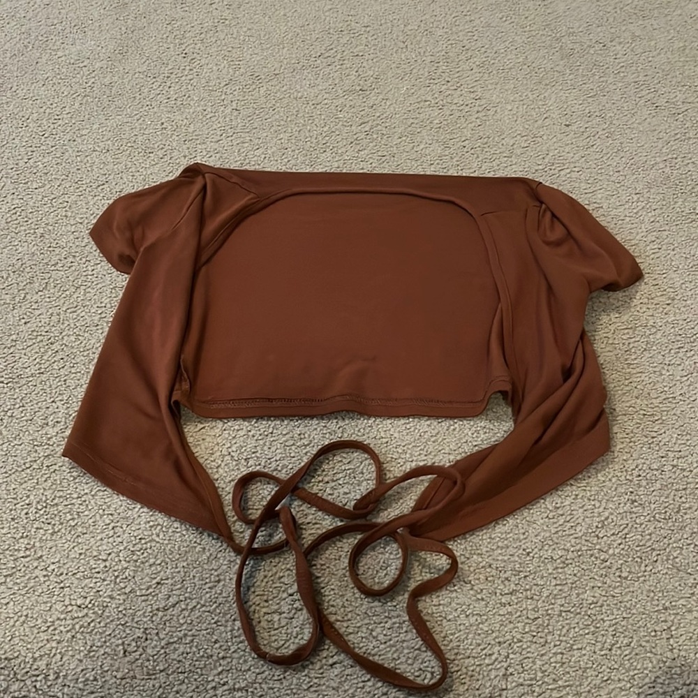 brown shein cross tie cropped tee